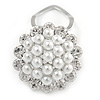 White Faux Pearl & Clear Diamante Round Scarf Pin/ Brooch In Silver Finish - 32mm D