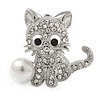 Clear Crystal Little Kitten with Pearl Bead Brooch In Silver Tone Metal - 30mm L