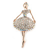 Clear/ AB Crystal Ballerina Brooch In Gold Tone Metal - 57mm L