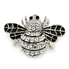 Little Clear Crystal, Black Enamel Bee Brooch In Silver Tone - 35mm W