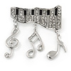 Silver Plated Clear Crystal Music Keyboard with Dangling Music Notes Brooch - 40mm W