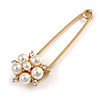 Gold Plated Safety Pin with Faux Pearl, Crystal Flower - 50mm