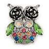 Vintage Inspired Multicoloured Crystal Owl Brooch In Antique Silver Tone - 40mm L