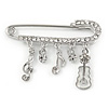 Medium Silver Tone Crystal Safety Pin Brooch with Musical Note Charms - 50mm