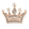 Clear Crystal, White Faux Glass Pearl Crown Brooch In Rose Gold Metal - 40mm W