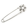 Silver Plated Safety Pin with Faux Pearl, Crystal Flower - 50mm