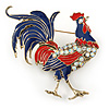 Large Red/ Blue Enamel, AB Crystal Rooster Brooch In Antique Gold Tone Metal - 60mm