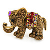 Vintage Inspired Small Topaz/ Red Crystal Elephant Brooch In Antique Gold Tone Metal - 35mm