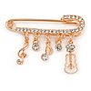 Medium Gold Tone Crystal Safety Pin Brooch with Musical Note Charms - 50mm