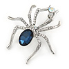 Clear/ Midnight Blue Crystal Spider Brooch In Silver Tone Metal - 50mm L