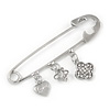 Silver Plated Safety Pin Brooch with Crystal Charms - 65mm L