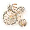 Retro Clear Crystal Bicycle Brooch In Gold Tone Metal - 40mm W