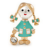Funky Mint Green Enamel, Pearl Bead Doll Brooch with Crystal Purse In Gold Tone Metal - 40mm L