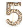 Figure of ''5'' Faux Pearl Crystal Brooch In Gold Tone Metal - 40mm L