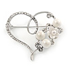 Clear Crystal, Faux Pearl Open Heart Brooch In Silver Tone Metal - 40mm