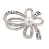 Small Crystal Faux Pearl Bow Brooch In Rhodium Plated Metal - 40mm L