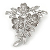 Romantic Floral with Clear CZ Accent Brooch In Silver Tone - 45mm Tall