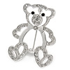 Open Crystal Teddy Bear Brooch In Rhodium Plated Metal - 35mm L