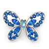 Small Blue Crystal Butterfly Brooch In Rhodium Plated Metal - 35mm L