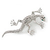 Small Crystal Lizard Brooch In Rhodium Plated Metal - 45mm L