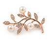 Stunning Small Crystal, Faux Pearl Floral Brooch In Rose Gold Tone Metal - 35mm L