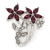 Small Clear Crystal, Purple CZ Floral Brooch In Rhodium Plated Metal - 30mm L