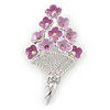 Bouquet of Pink Enamel, Crystal Violet Flowers Brooch In Rhodium Plated Metal - 60mm L