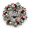 Vintage Inspired Red/Green/ AB Crystal Christmas Holly Wreath Brooch In Antique Silver Tone - 40mm D