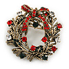 Vintage Inspired Red/ Green/ Clear Crystal Christmas Holly Wreath Brooch In Antique Gold Tone - 42mm D