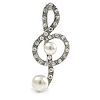 Silver Plated Diamante Faux Pearl Treble Clef Brooch - 50mm L