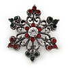 Small Vintage Inspired Red/ Green/ Clear Crystal Christmas Snowflake Brooch In Aged Silver Tone Metal - 35mm D