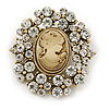 Vintage Inspired Clear Crystal Cameo Brooch In Aged Gold Tone Metal - 50mm L