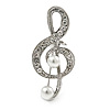 Small Crystal, Faux Pearl Treble Clef Musical Brooch In Silver Tone - 35mm L