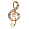 Small Crystal, Faux Pearl Treble Clef Musical Brooch In Gold Tone - 35mm L