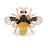 Small Yellow/ Black/ White Enamel Crysal Bee Brooch In Rose Gold Tone - 35mm W