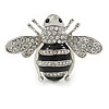 Large Rhodium Plated Clear Crystal with Black Enamel Bee Brooch - 55mm W