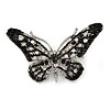Small Black/ Milky White/ Clear Crystal Butterfly Brooch In Silver Tone - 40mm Across