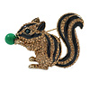 Light Topaz Crystal Black Enamel Squirrel Brooch In Antique Gold Tone Metal - 50mm Across
