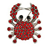 Small Red Crystal Crab Brooch In Silver Tone Metal - 30mm Tall