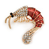 Funky Clear Crystal Red Enamel Prawn/ Shrimp Brooch In Gold Tone - 30mm Across