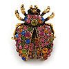 Vintage Inspired Multicoloured Crystal Ladybug Brooch In Antique Gold Tone - 32mm Tall