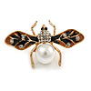 Small Crystal Faux Pearl with Enamel Wings Bee Brooch In Gold Tone - 40mm Across