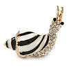 Black/ White Enamel Clear Crystal Snail Brooch In Gold Tone Metal - 35mm Across