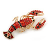 Black/ Red Crystal, Red Enamel Lobster Brooch/ Pendant in Gold Tone - 50mm L