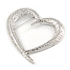 Large Ethnic Hammered Open Heart Brooch In Silver Tone Metal - 90mm Across