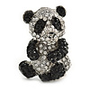 Black/ Clear Crystal Panda Bear Brooch In Silver Tone Metal - 40mm Tall
