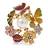 Multicoloured Crystal, Enamel Flower, Ladybug, Butterfly Wreath Brooch/ Pendant In Gold Tone Metal - 50mm Tall