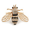 Gold Plated Clear Crystal, Black Enamel Bee Brooch - 40mm Across