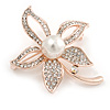 Gold Clear Crystals, White Glass Pearl Flower Brooch - 46mm Tall