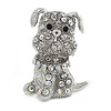 Small Clear/ Ab Crystal Bulldog Dog Brooch In Silver Tone - 30mm Tall